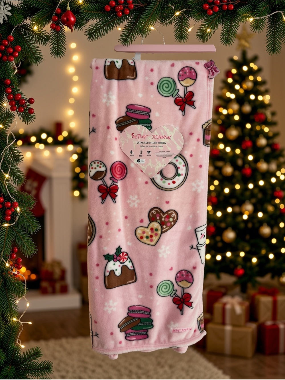 🆕💋BETSEY JOHNSON💋 OVERSIZED PINK CANDY & TREATS PLUSH THROW BLANKET
